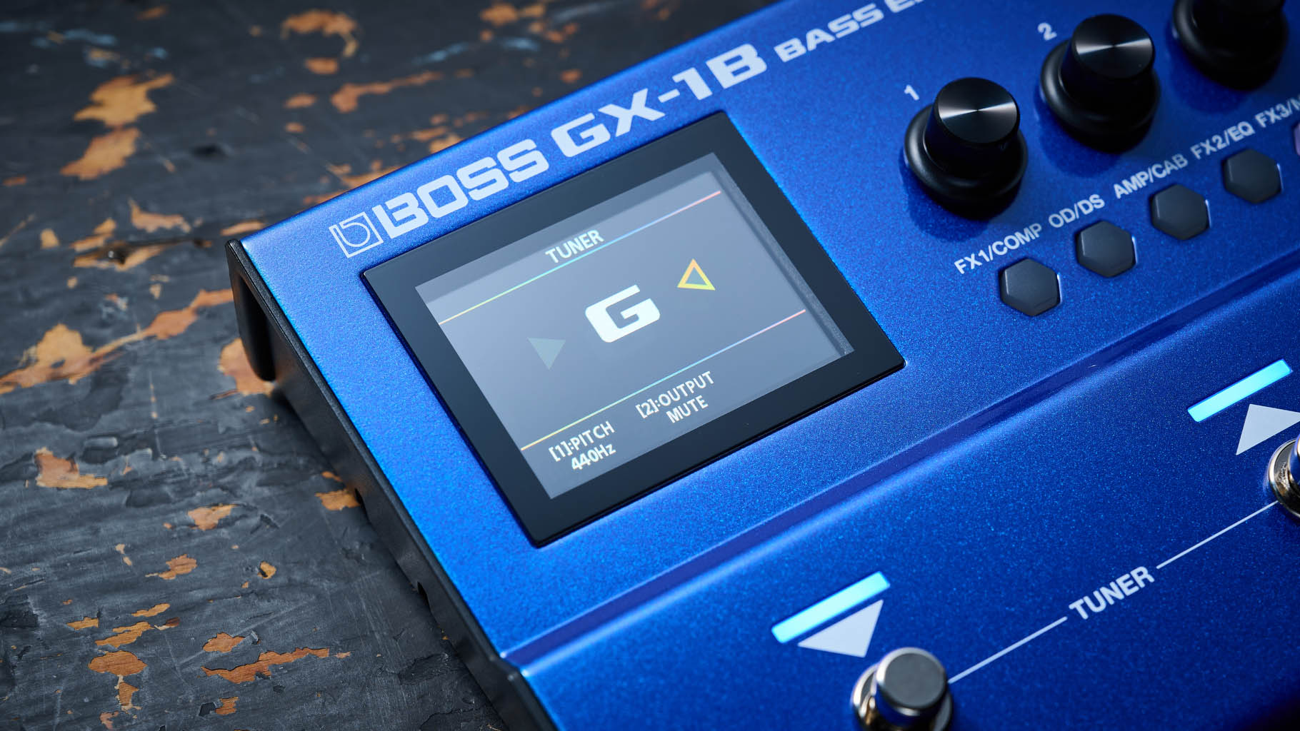 Boss GX-1B, the multi-effects pedal designed specifically for bass has a blue enclosure, three assignable footswitches and an integrated expression pedal &amp;ndash; and it's digital display is easy to read.