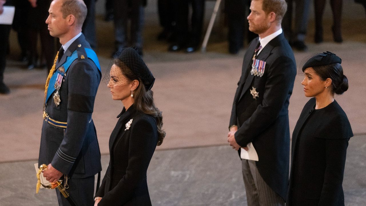 Prince William, Prince of Wales, Catherine, Princess of Wales, Harry, Duke of Sussex and Meghan, Duchess of Sussex arrive as the coffin bearing the body of Her majesty Queen Elizabeth II completes its Journey from Buckingham Palace to Westminster Hall accompanied by King Charles III and other members of the Royal Family, on September 14, 2022 in London, England.