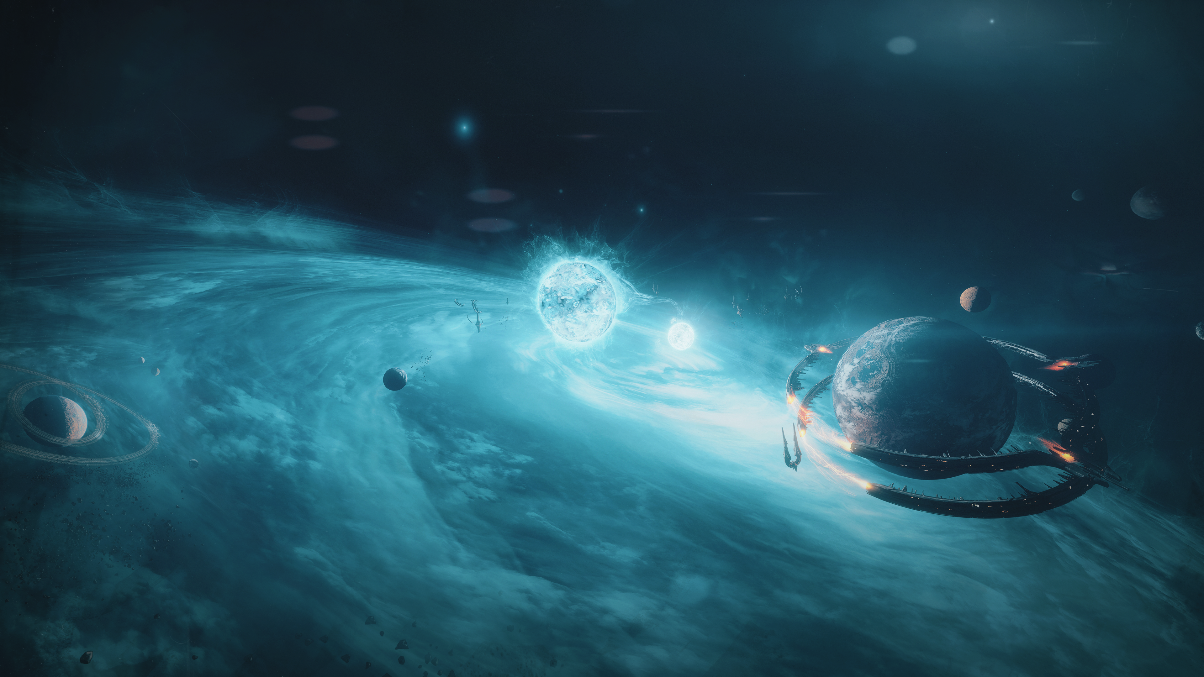 Screenshot of Warframe's Tau update, showing the Tau binary star system and surrounding planets.