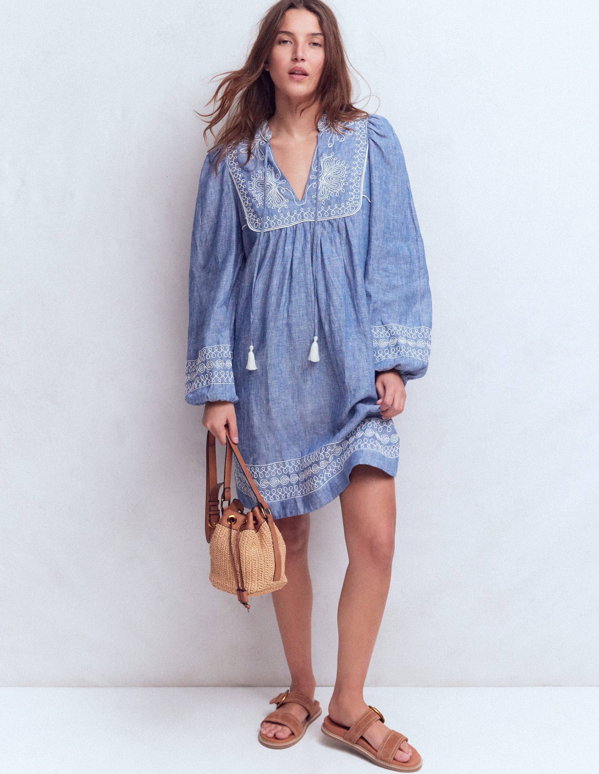 Pia Linen Yoke Tassel Dress-Chambray Embroidery