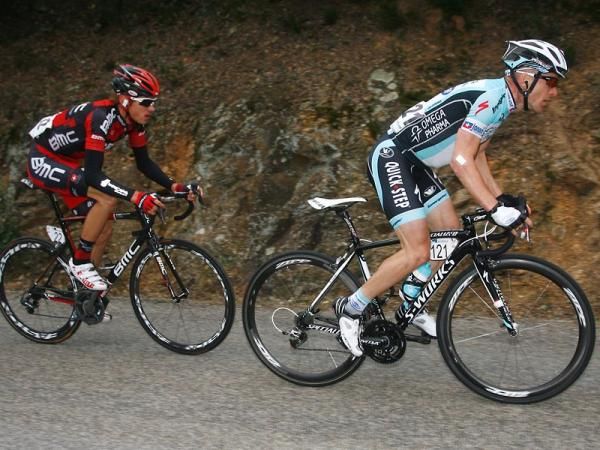 Levi Leipheimer (Omega Pharma-QuickStep) and Tejay Van Garderen (BMC) on the attack.