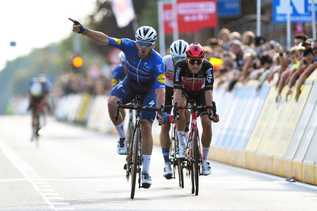 BOORTMEERBEEK BELGIUM SEPTEMBER 18 Florian Senechal of France and Team Deceuninck QuickStep celebrates at finish line as race winner ahead of Tosh Van Der Sande of Belgium and Team Lotto Soudal L during the 11th Primus Classic 2021 a 1977km race from Brakel to Boortmeerbeek Wespelaar Haacht primusclassic PrimusClassic on September 18 2021 in Boortmeerbeek Belgium Photo by Luc ClaessenGetty Images
