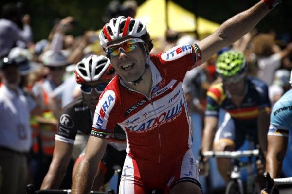 Oscar Freire (Katusha) is jubilant as he crosses the line