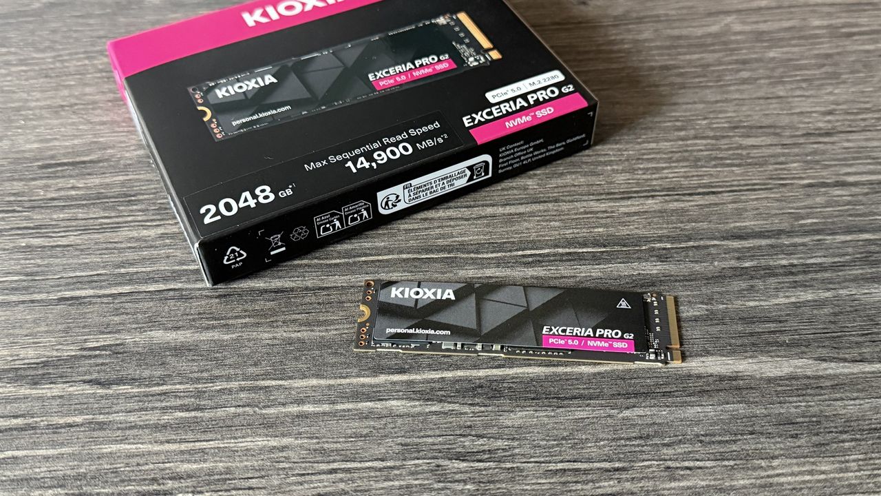 The Kioxia Exceria Pro G2 SSD ready to be installed inside a gaming PC.