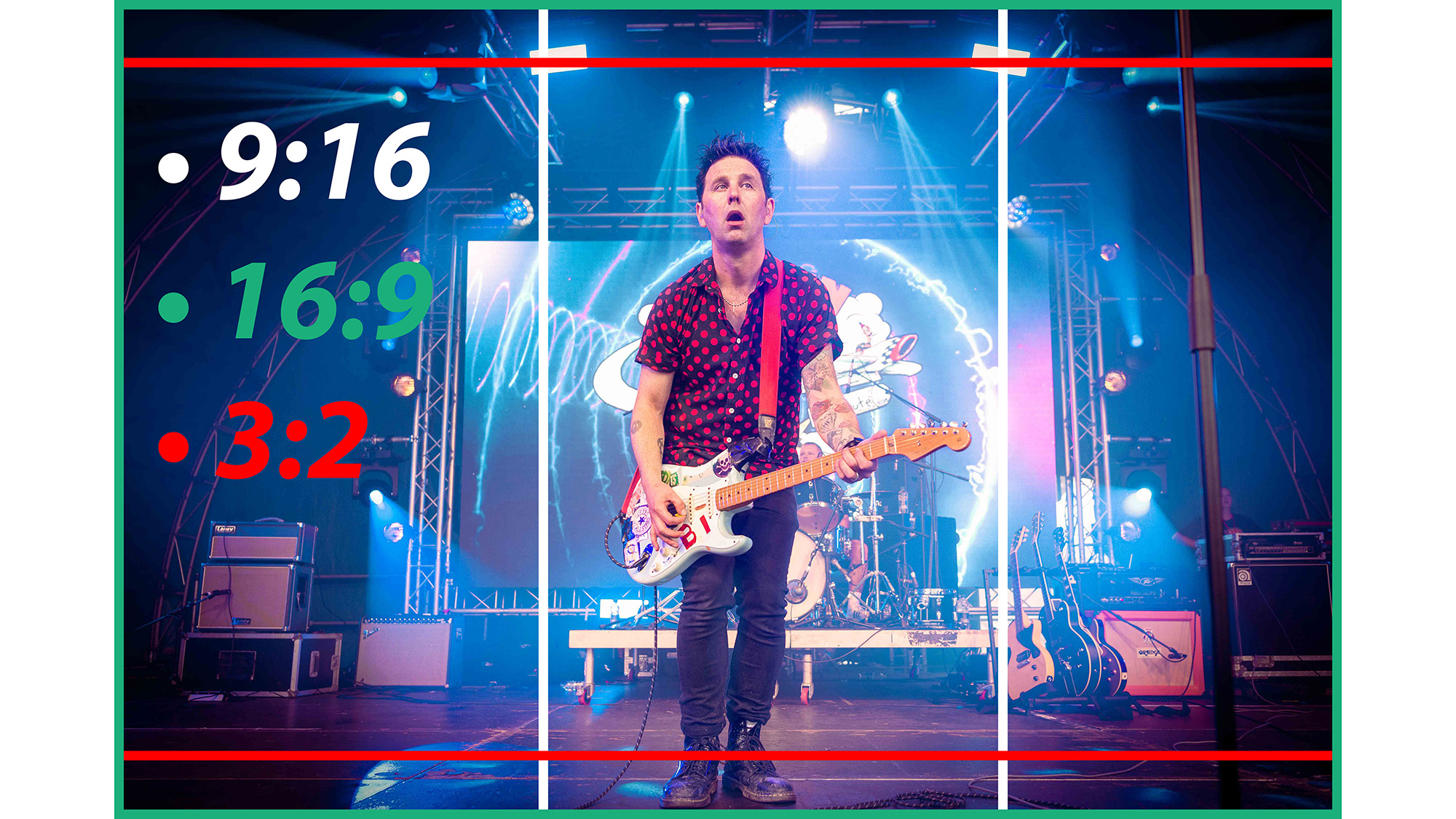 Guitarist stands on stage beneath blue lights, with white, green and red rectangles used to show 9:16, 16:9 and 3:2 aspect ratios respectively