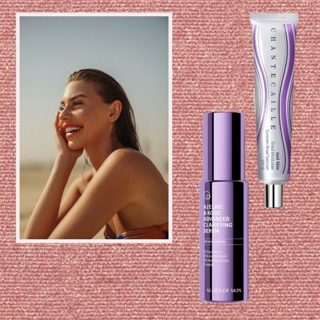 a pink sparkly background with a woman in profile in a bikini smiling with two tubes of skincare to her right, both purple packaging