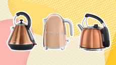 Copper kettles graphic with Cookworks kettle, Smeg kettle and Russell Hobbs kettle