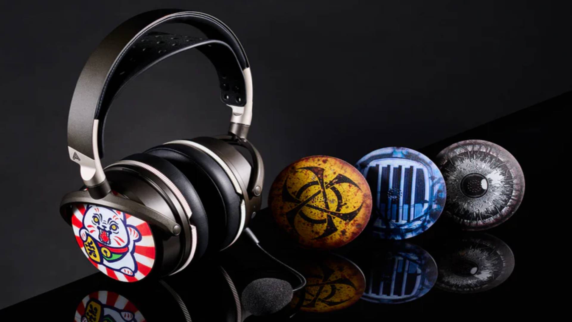 Image of the range of Audeze ReSkin earcup covers, sitting on a black surface and background.
