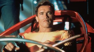 Ben Richards (Arnold Schwarzenegger) restrained in a rocket sled in a scene from "The Running Man"