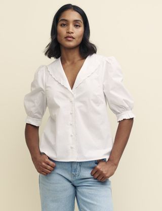 White Puff Sleeve Collared Blouse