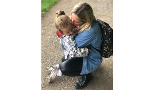 mum guilt illustrated by mum kneeling down with daughter
