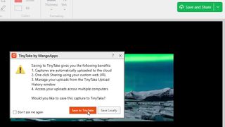 Galite įrašyti vaizdo įrašą į savo kompiuterį arba įkelti į „TinyTake“ serverius