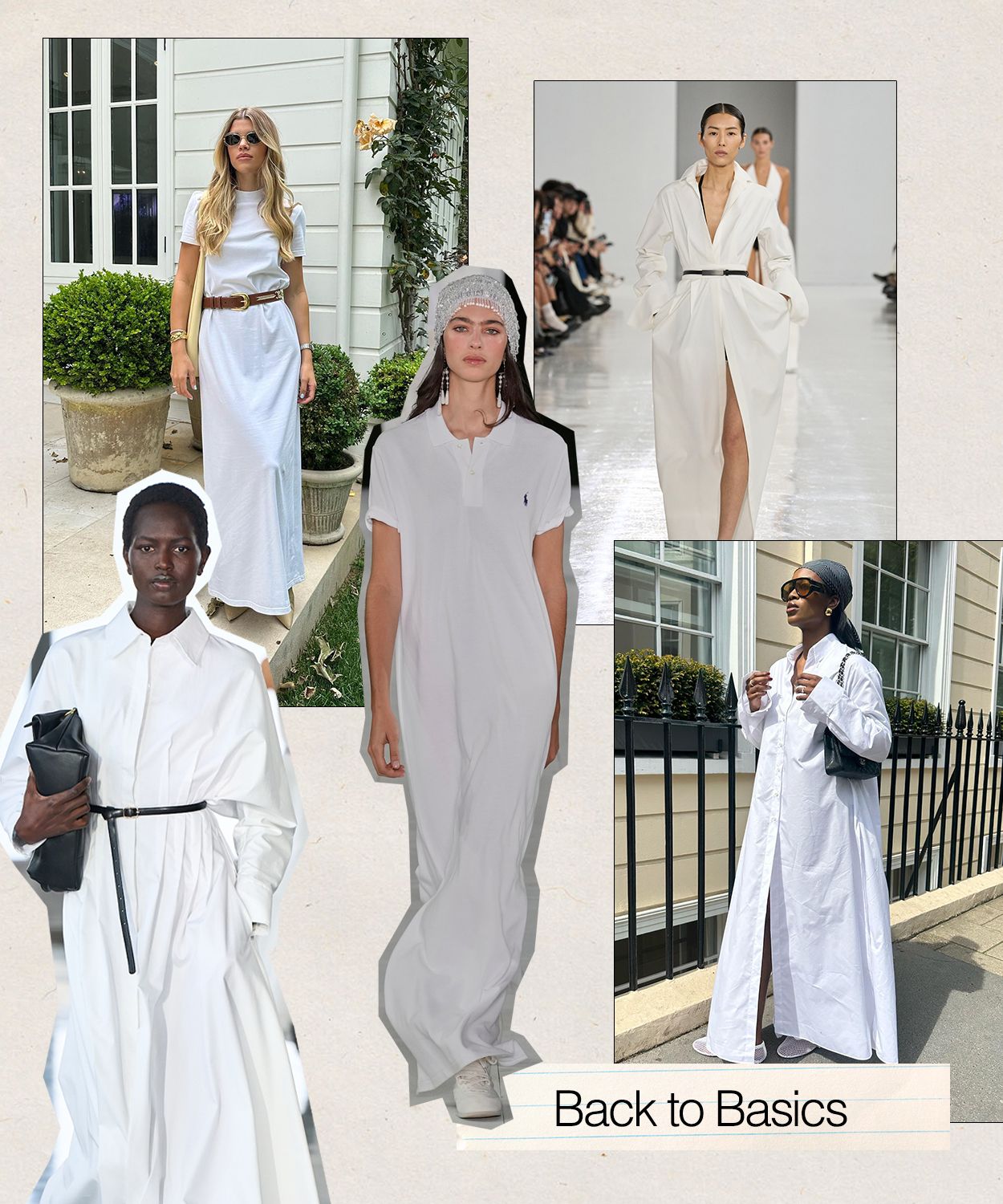 A collage of photos from the S/S 25 runways, street style, and retailers showcasing 2025 basic dress trend with the trend name