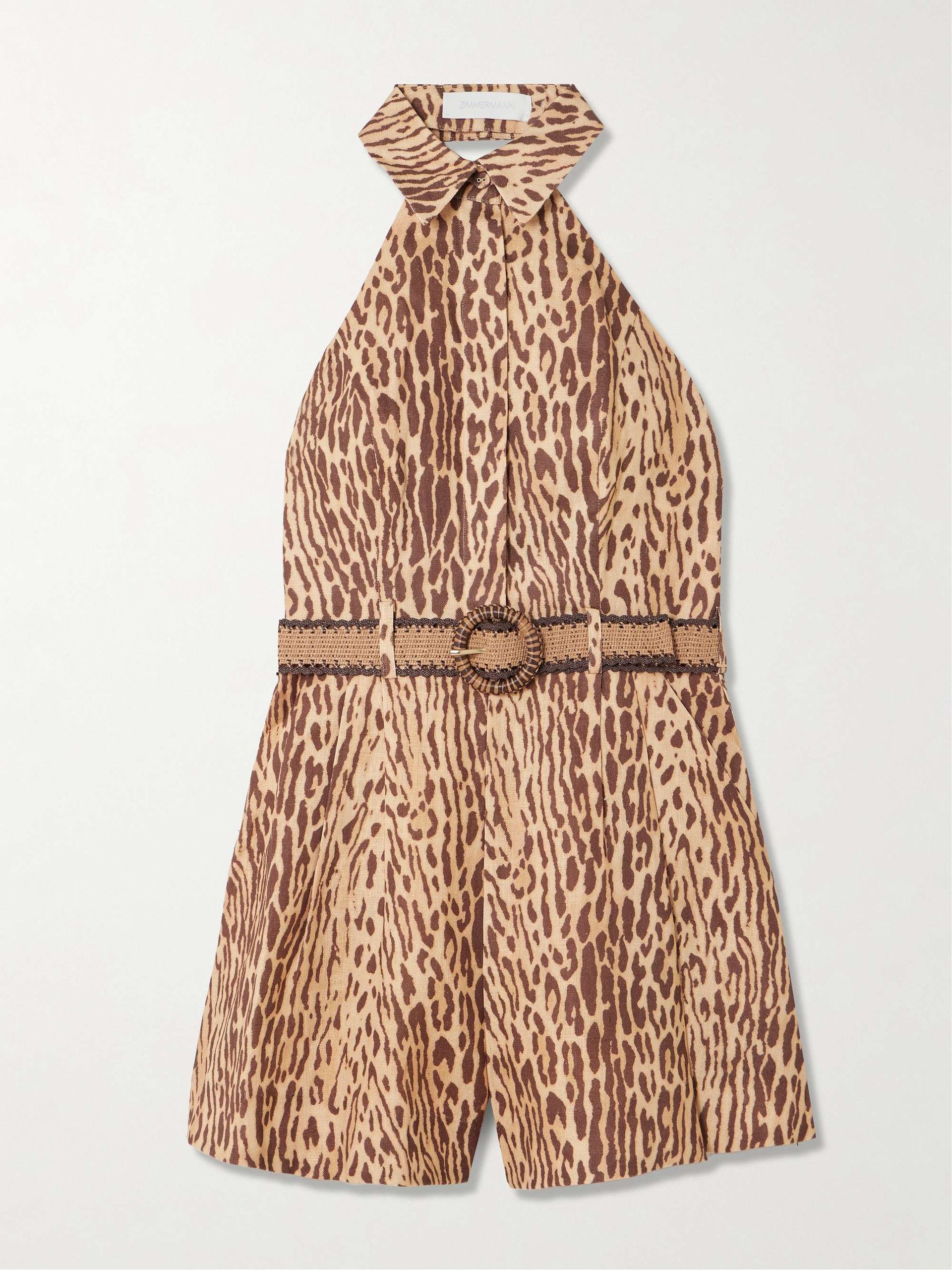 Cascadian Belted Pleated Leopard-Print Linen Playsuit