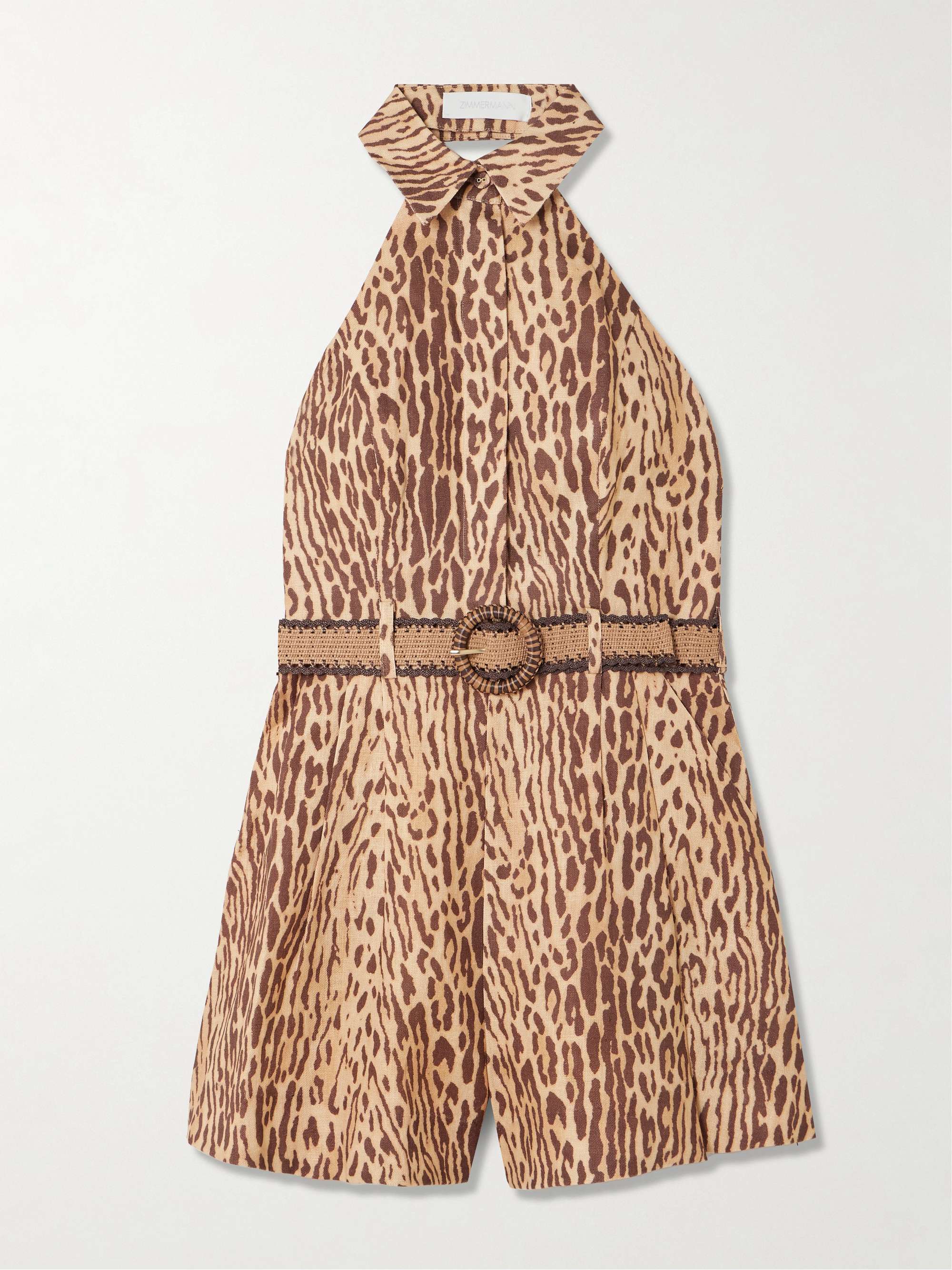 Cascadian Belted Pleated Leopard-Print Linen Playsuit