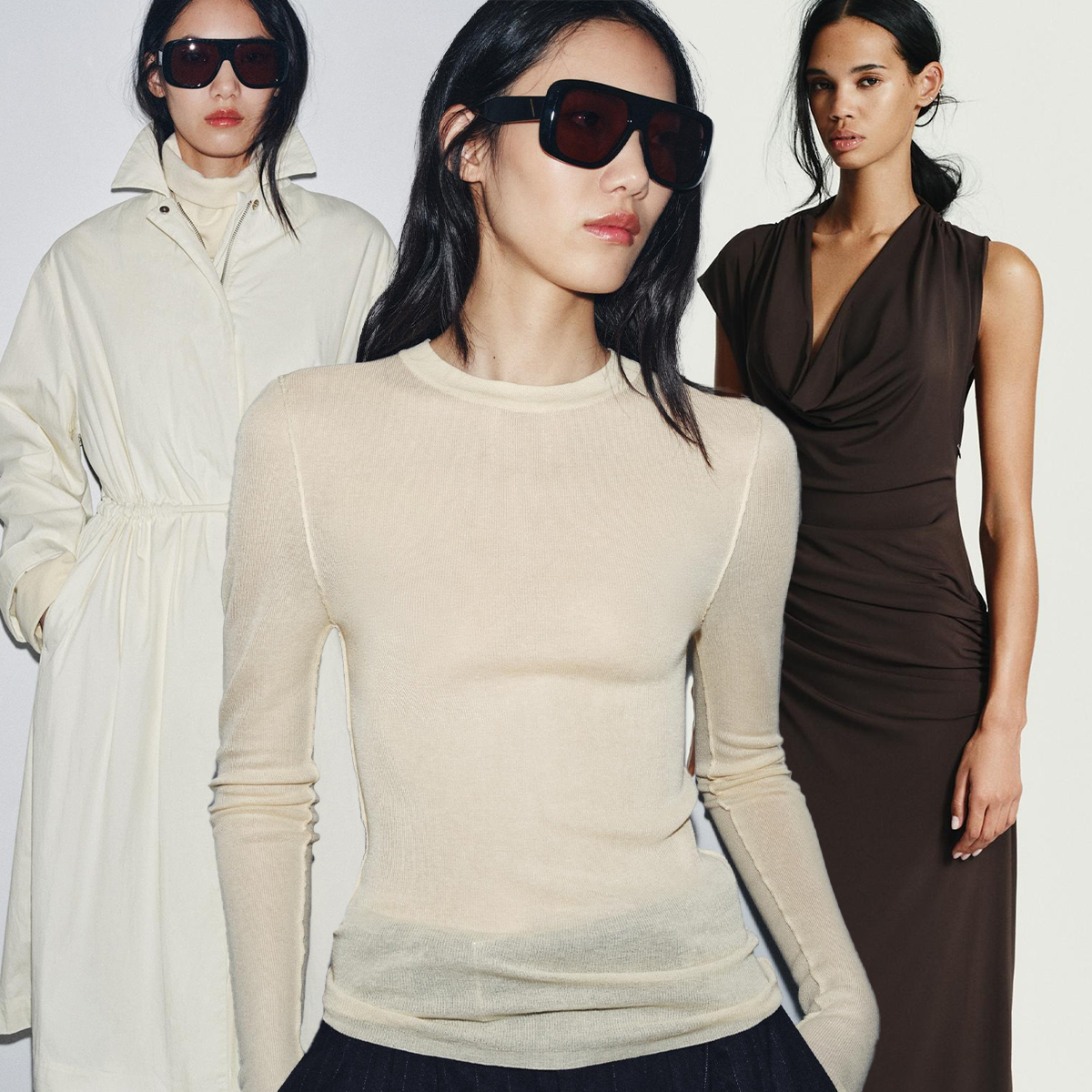 Zara long sleeve. Zara brown maxi dress. Zara high-neck trench coat in white. 