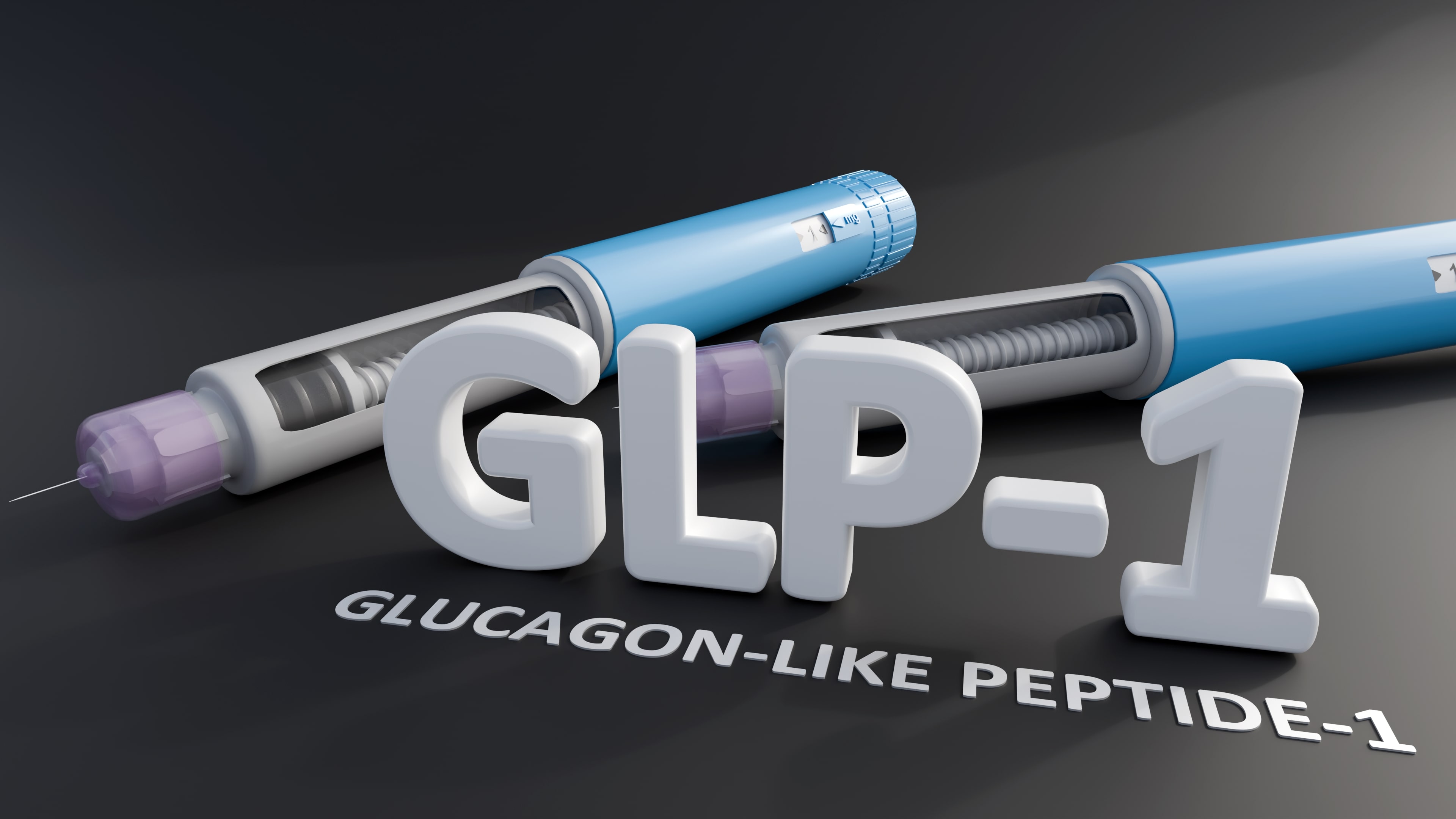 A 3d rendering of pre-filled injection pen, similar to those used for diabetes or weight management medications with letters spell out GLP-1