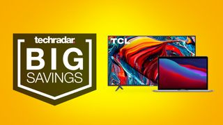 MacBook Pro and TCL 4 Series TV on yellow background