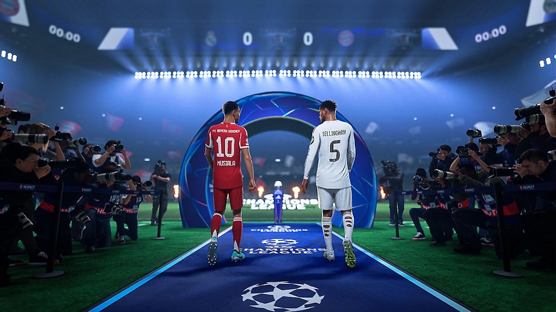 Jamal Musiala and Jude Bellingham walking onto the pitch in FC 26 