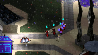 Corporate soldiers march down a street