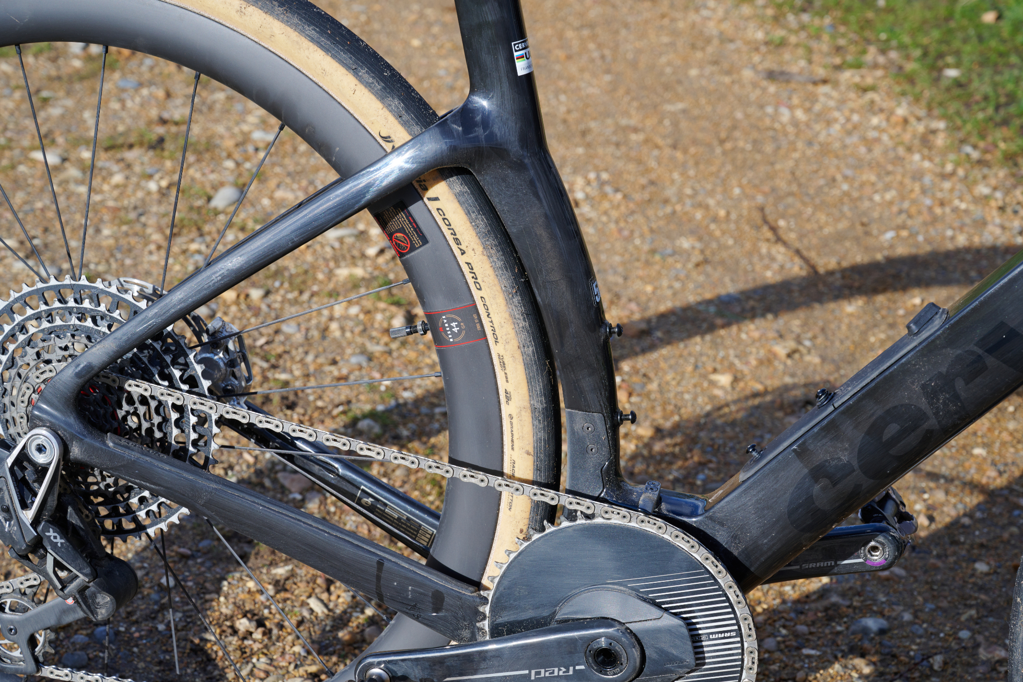 Detail of the seat tube on a Cervelo Aspero-5 gravel bike