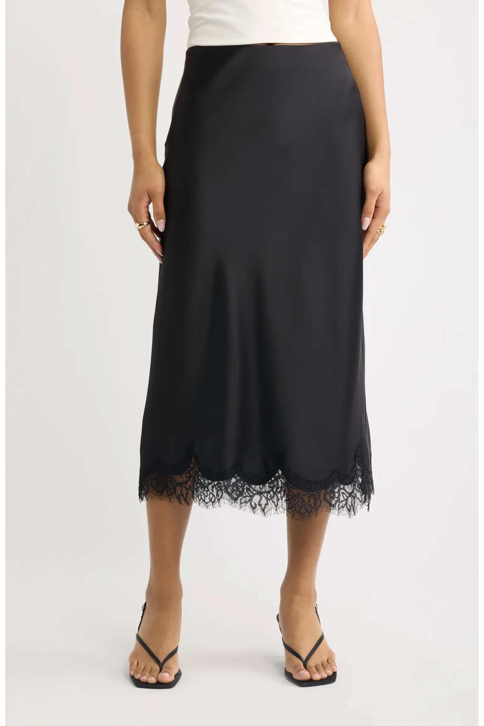 Open Edit, Lace Trim Satin Midi Skirt