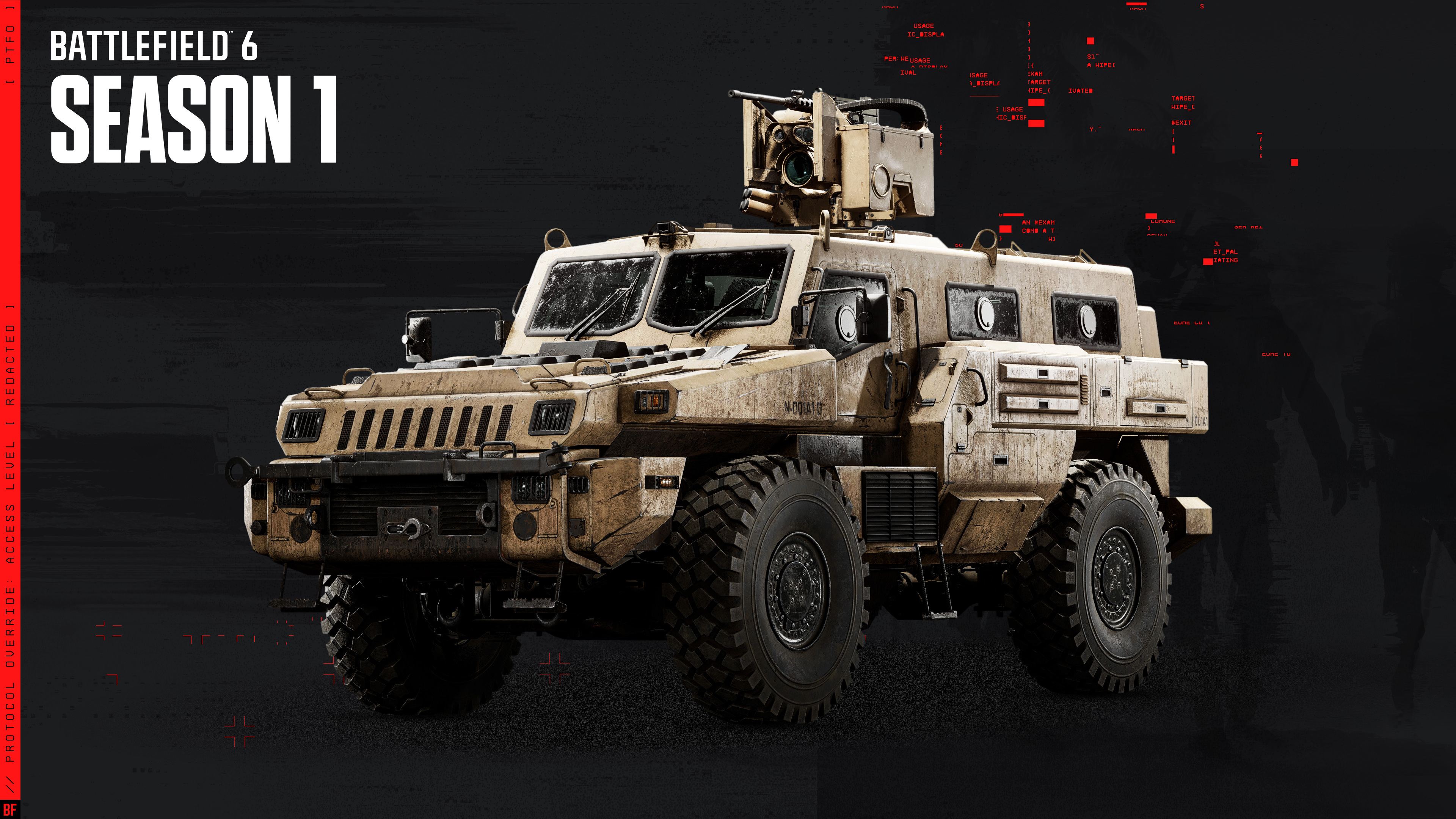 A beige colored armored jeep