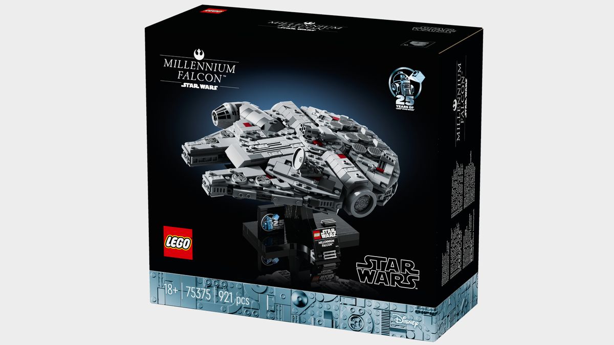 Lego Millennium Falcon box on a plain background
