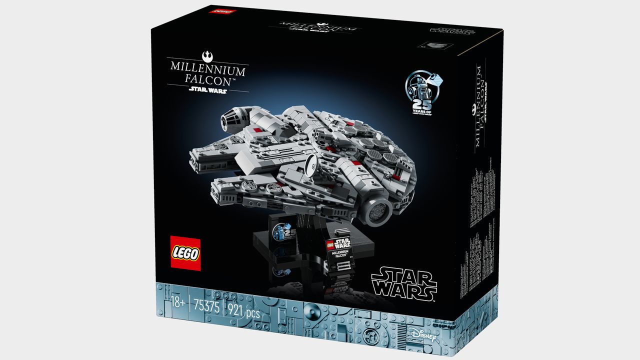Lego Millennium Falcon box on a plain background
