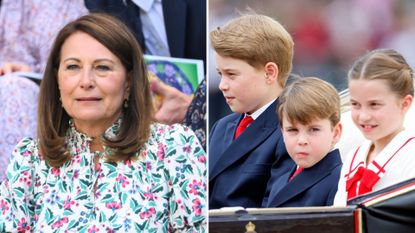 Composite of a picture of Carole Middleton at Wimbledon in 2024 and a picture of Prince George, Charlotte and Louis in a carriage at Trooping the Colour 2023