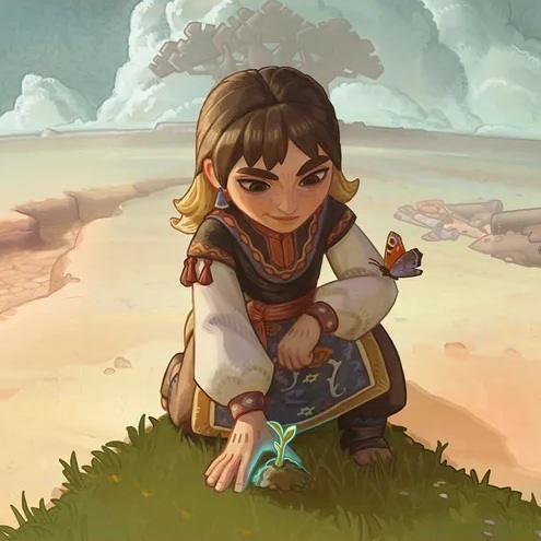 The Regreening, Viri touches a patch of green grass in a desert wasteland.
