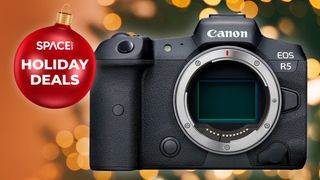 Canon EOS R5 on sale for Christmas holidays with bauble and christmas tree
