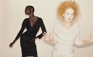 Female model in a black dress and Vivian Westwood in a cream dress