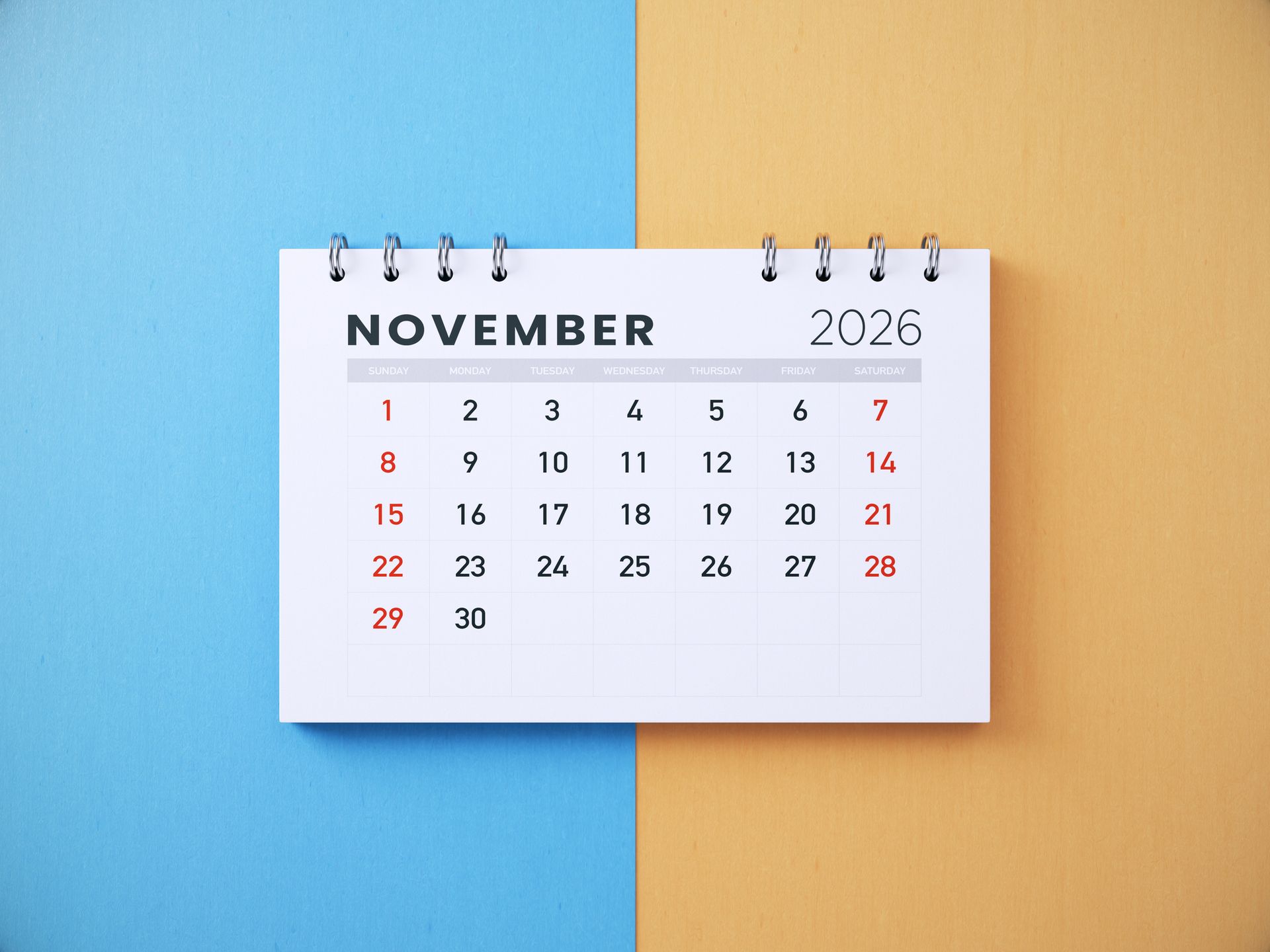 2026 November Calendar on Blue - Orange Background