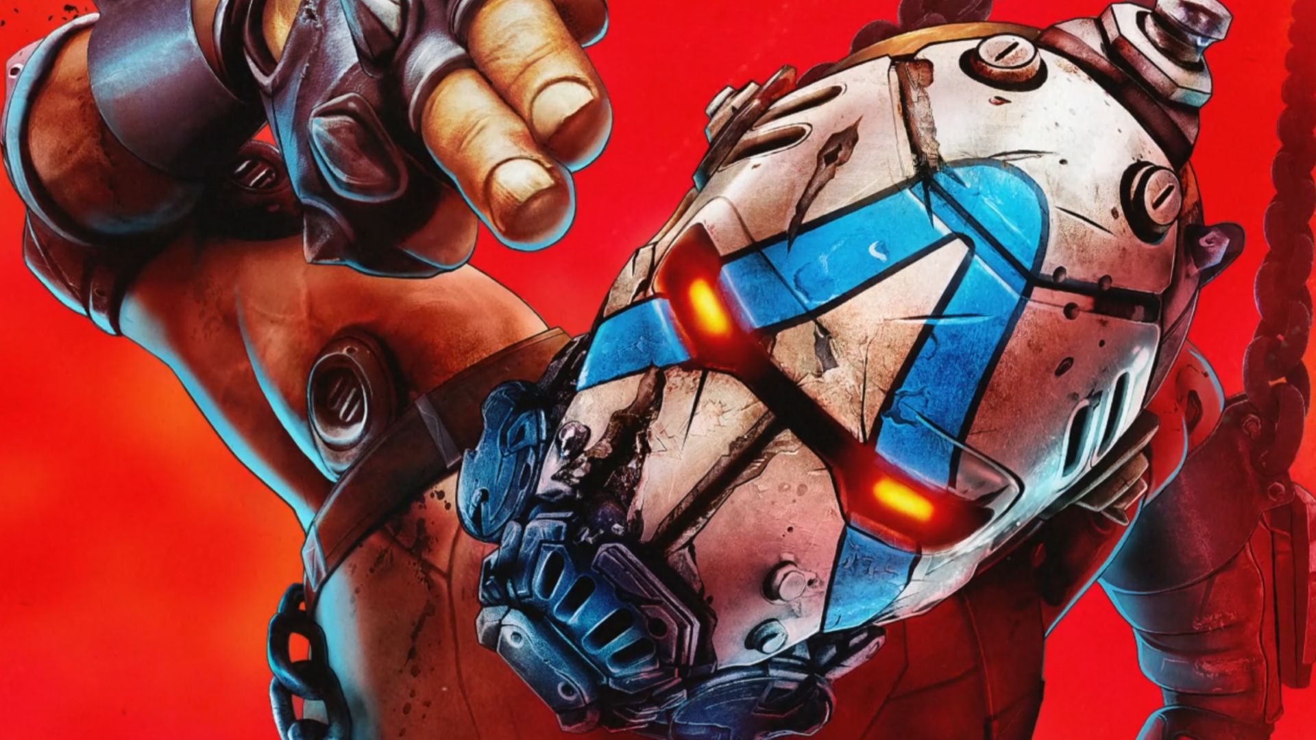 Borderlands 4 close-up of the Psycho bandit mask. The character is gesturing toward the view with two fingers, like they're picking a fight, and stands out on a red background.