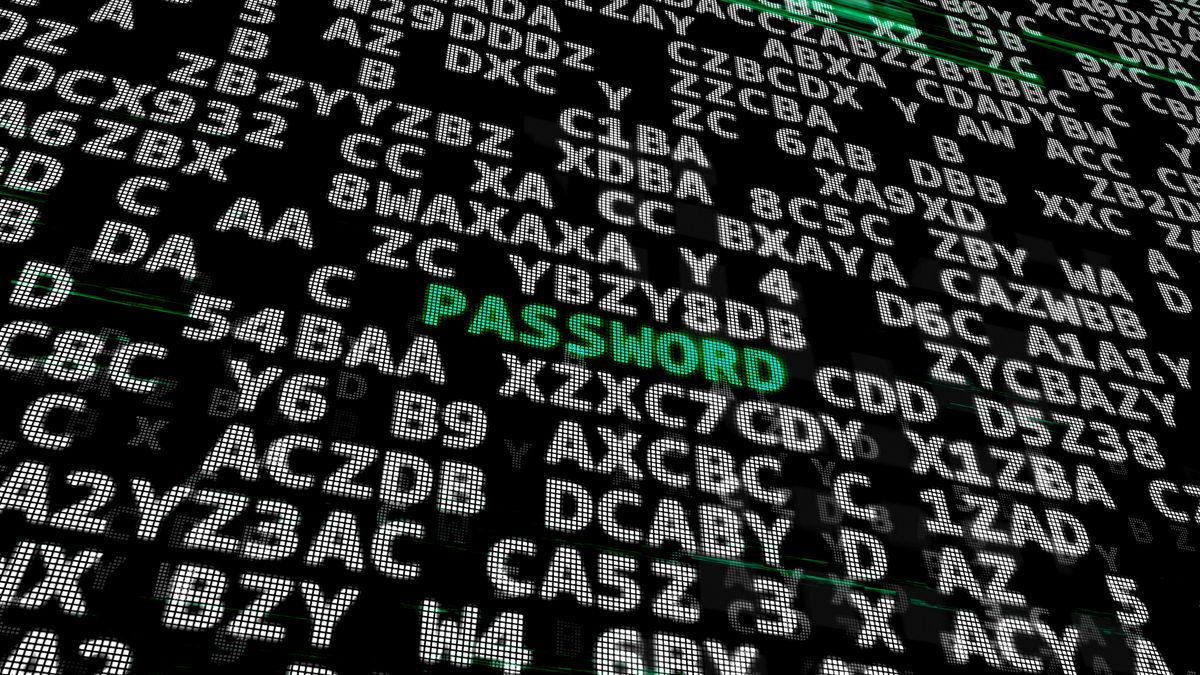 A render of a black computer screen whit random white characters indicating a bank of passwords, with the word password highlighted in green text