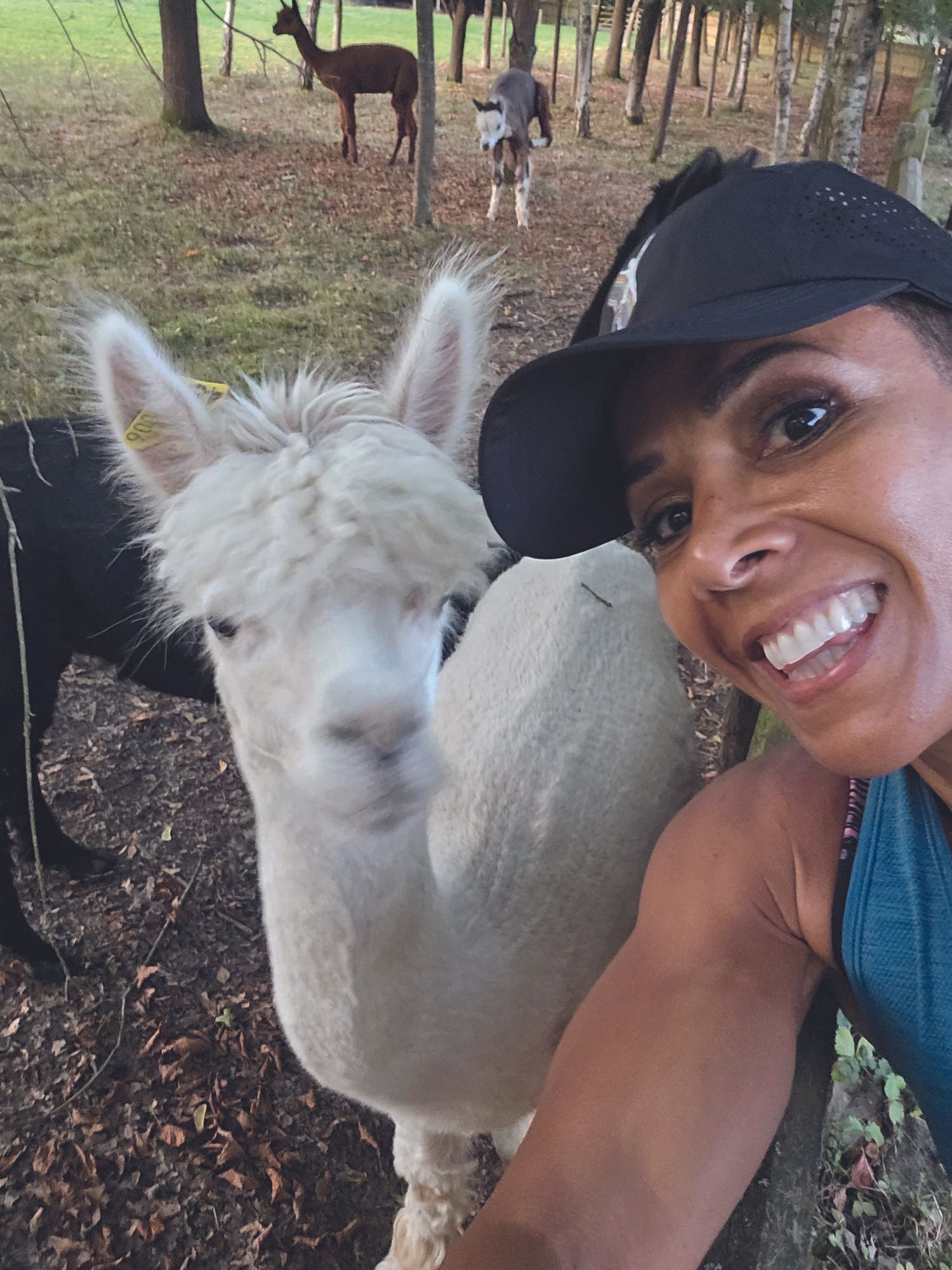 Dame Kelly Holmes in a selfie with various alpacas