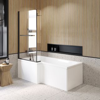 fluted timber panelling around an l shaped bath shower