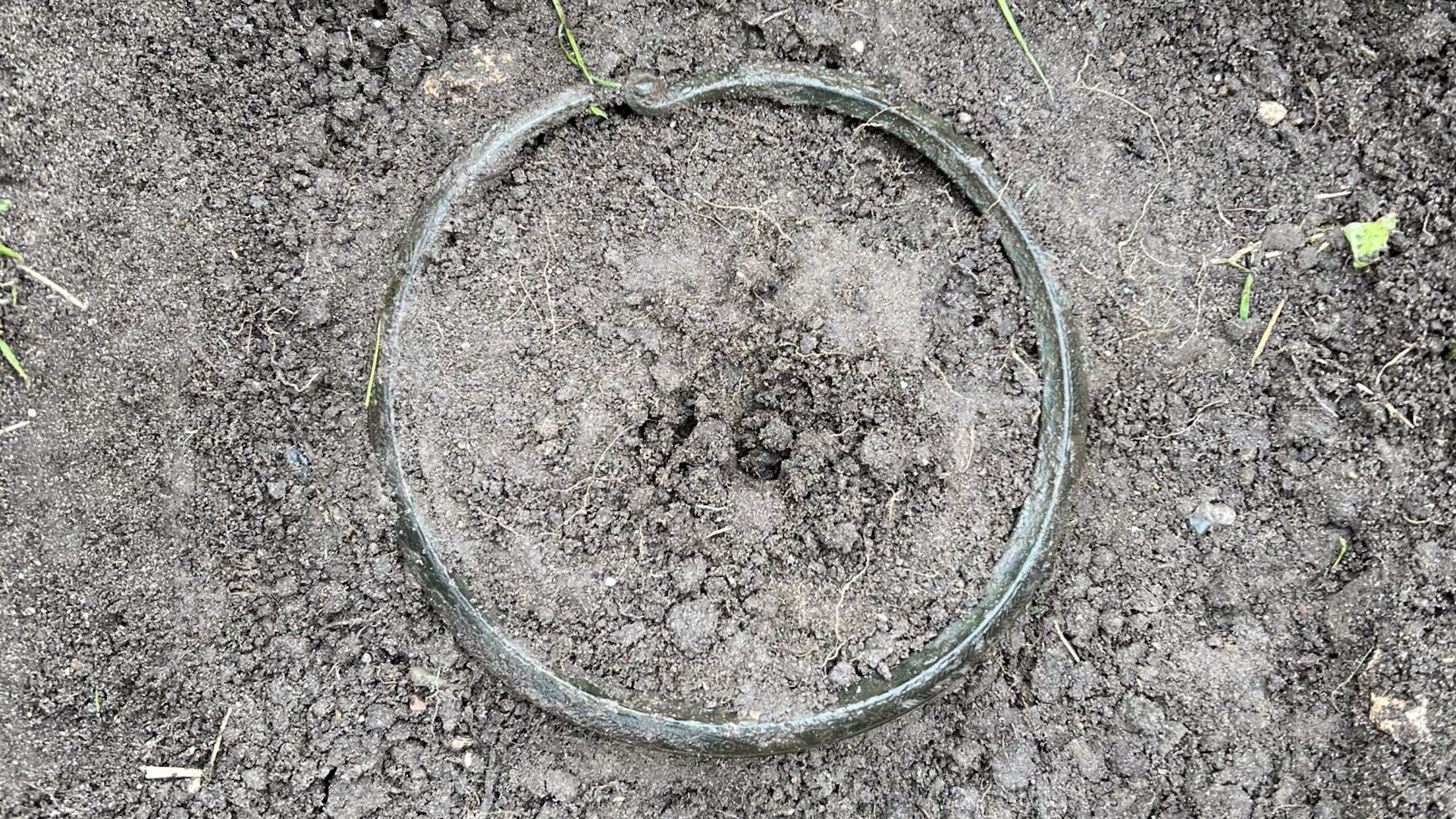 a greenish metal ring in the dirt