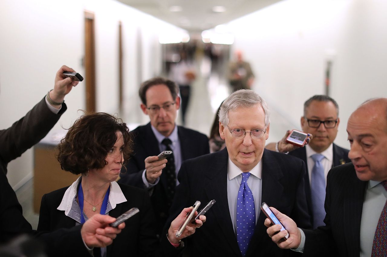 Mitch McConnell speaks with reporters about tax reform on Capitol Hill 