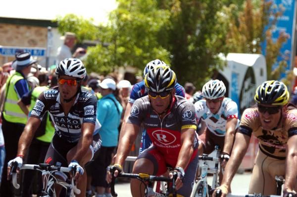 Juan Jose Haedo (Team Saxo Bank) and Lance Armstrong (RadioShack) finish stage two into Hahndorf