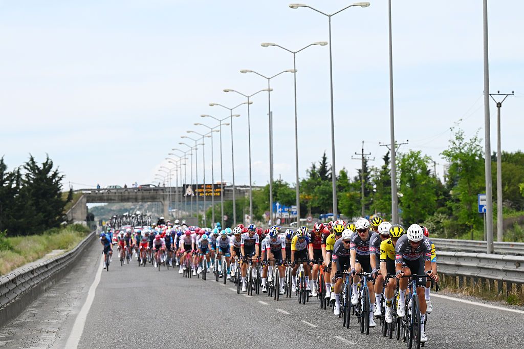 TIRANA ALBANIA MAY 09 A general view of the peloton competing during the 108th Giro dItalia 2025 Stage 1 a 160km stage from Durres to Tirana UCIWT on May 09 2025 in Tirana Albania Photo by Tim de WaeleGetty Images