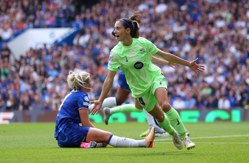 LONDON, ENGLAND - APRIL 27: Aitana Bonmati of FC Barcelona celebrates scoring her team&#039;s first goal during the UEFA Women&#039;s Champions League semifinal second leg match between Chelsea FC Women and FC Barcelona at Stamford Bridge on April 27, 2025 in London, England. 
