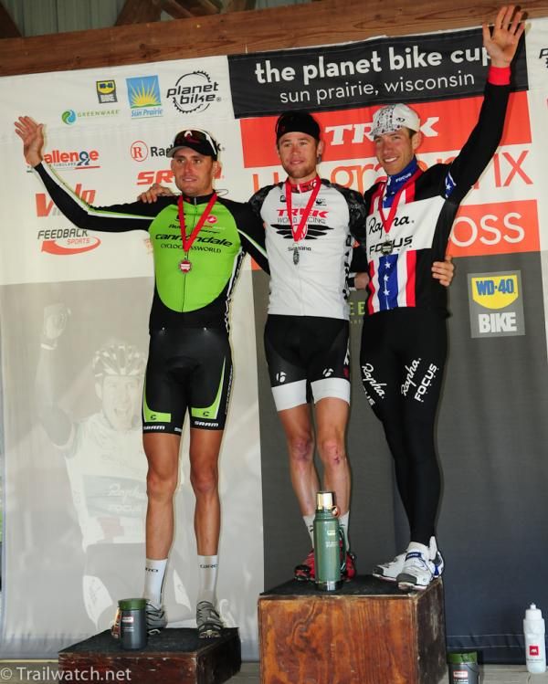 Men's podium (L to R): Ryan Trebon (Cannondale) 2nd, Lukas Fl&uuml;ckiger (Trek World Team) 1st, Jeremy Powers (Rapha Focus) 3rd