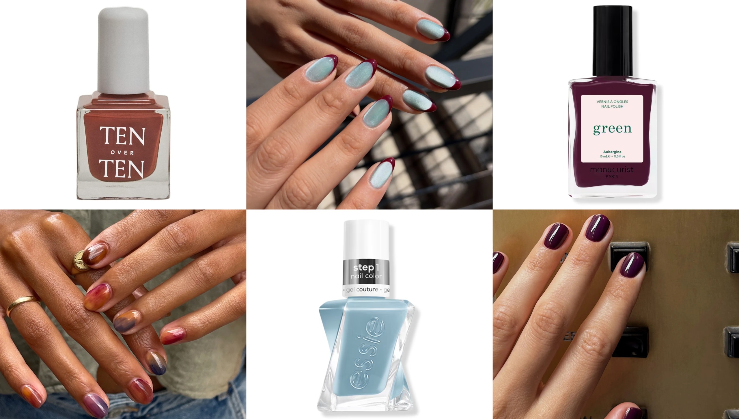 Collage of blue nails with burgundy tips, autumnal watercolor nail art and eggplant nails alongside bottles of brown, pale blue and purple polish