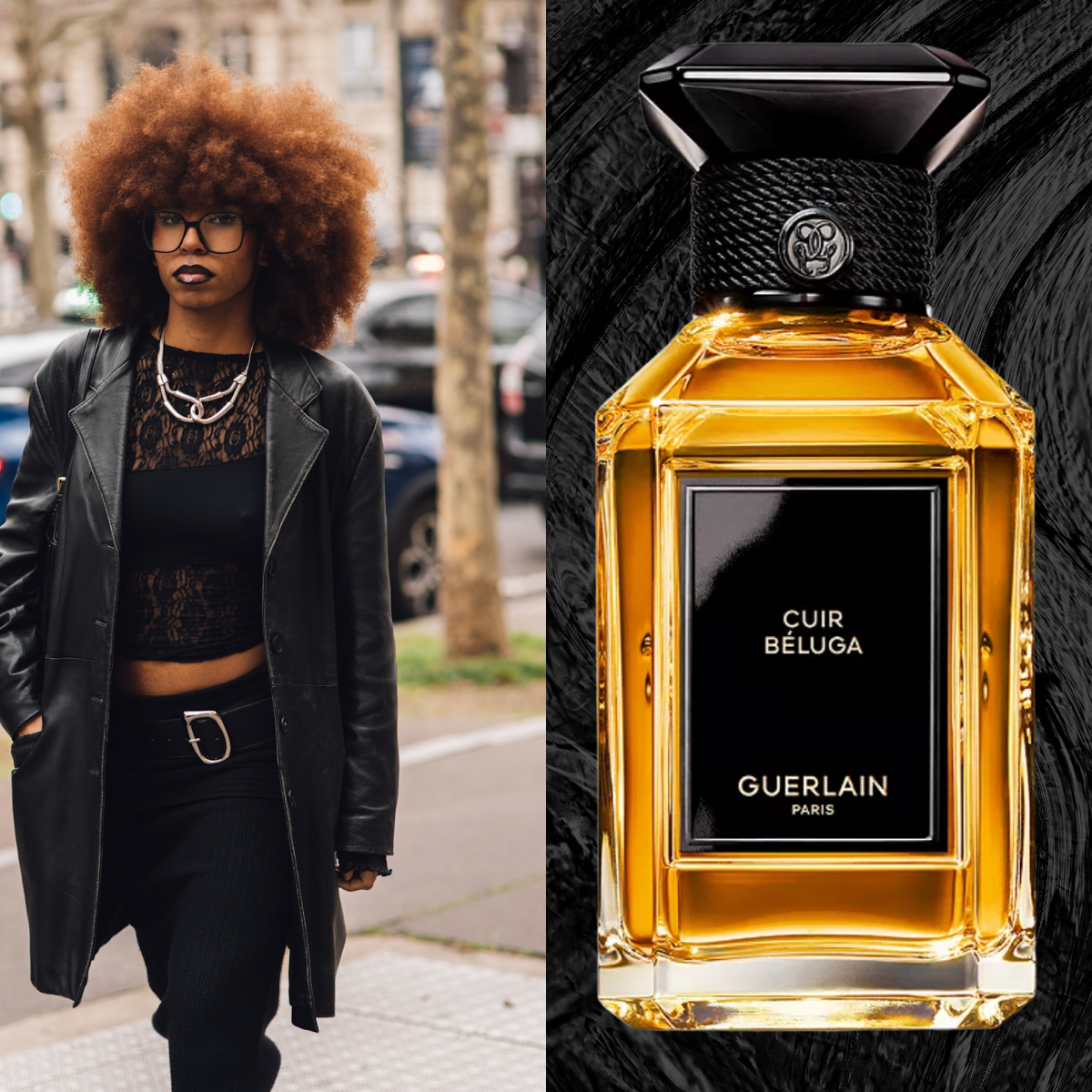A woman with a coily afro blowout wearing and black top and pants, paired with a black leather jacket. She is flanked by two bottles of perfume.
