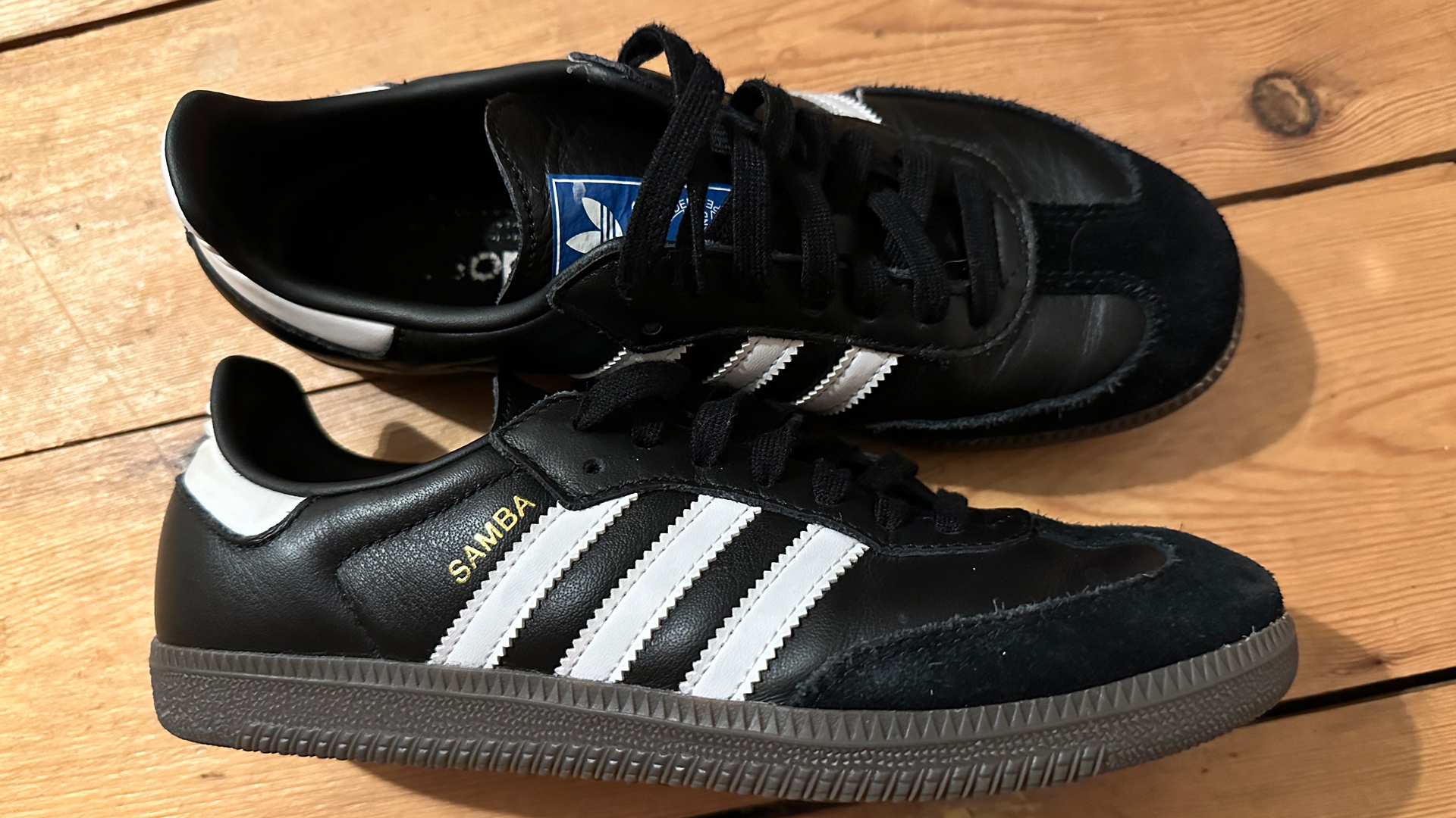 adidas samba trenéři na dřevěné podlaze