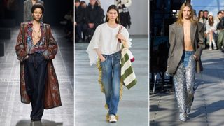 Split image of models at Etro, Undercover, and Stella Mccartney fall 2024 runway shows wearing denim with sparkly details