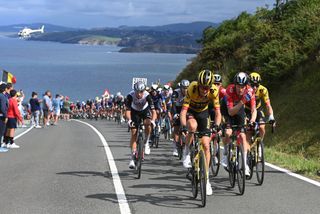 BEJES SPAIN SEPTEMBER 12 LR Robert Gesink of The Netherlands Dylan Van Baarle of The Netherlands and Wilco Kelderman of The Netherlands and Team JumboVisma lead the peloton during the 78th Tour of Spain 2023 Stage 16 a 1201km stage from Liencres to Bejes 528m UCIWT on September 12 2023 in Bejes Spain Photo by Tim de WaeleGetty Images