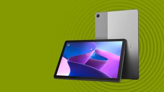 The Lenovo M10 3rd gen tablet is on a green background in front of a radar ripple
